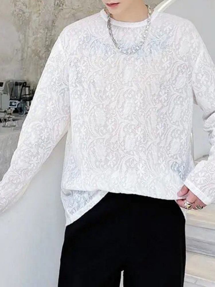 Mens Sexy See-Through Lace Floral Long-Sleeved Top 2024