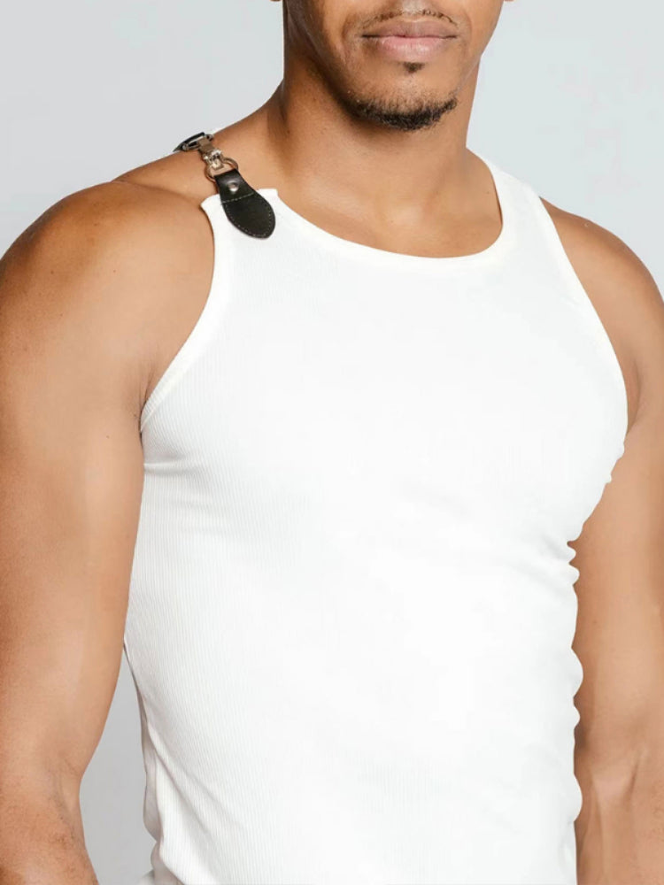 Mens Pure Cotton Sexy Leather Buckle Tight Sleeveless Vest