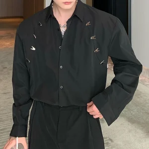 Mens Y2k Metal Buckle Casual Long-Sleeved Shirts Genderless Fashion Personality Niche Youth Versatile Solid Color Tops Unisex