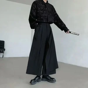 Mens Skirt Pants Double-Layer Splicing Gothic Samurai Pants Japanese Dark Style Casual Hakama Wide-Leg Pants Men'S Clothing 2024