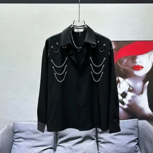 Autumn New Men's Chain Long-Sleeved Shirt American Retro Fashion Trend High Street Loose Casual Breathable Niche Men's Tops 2025