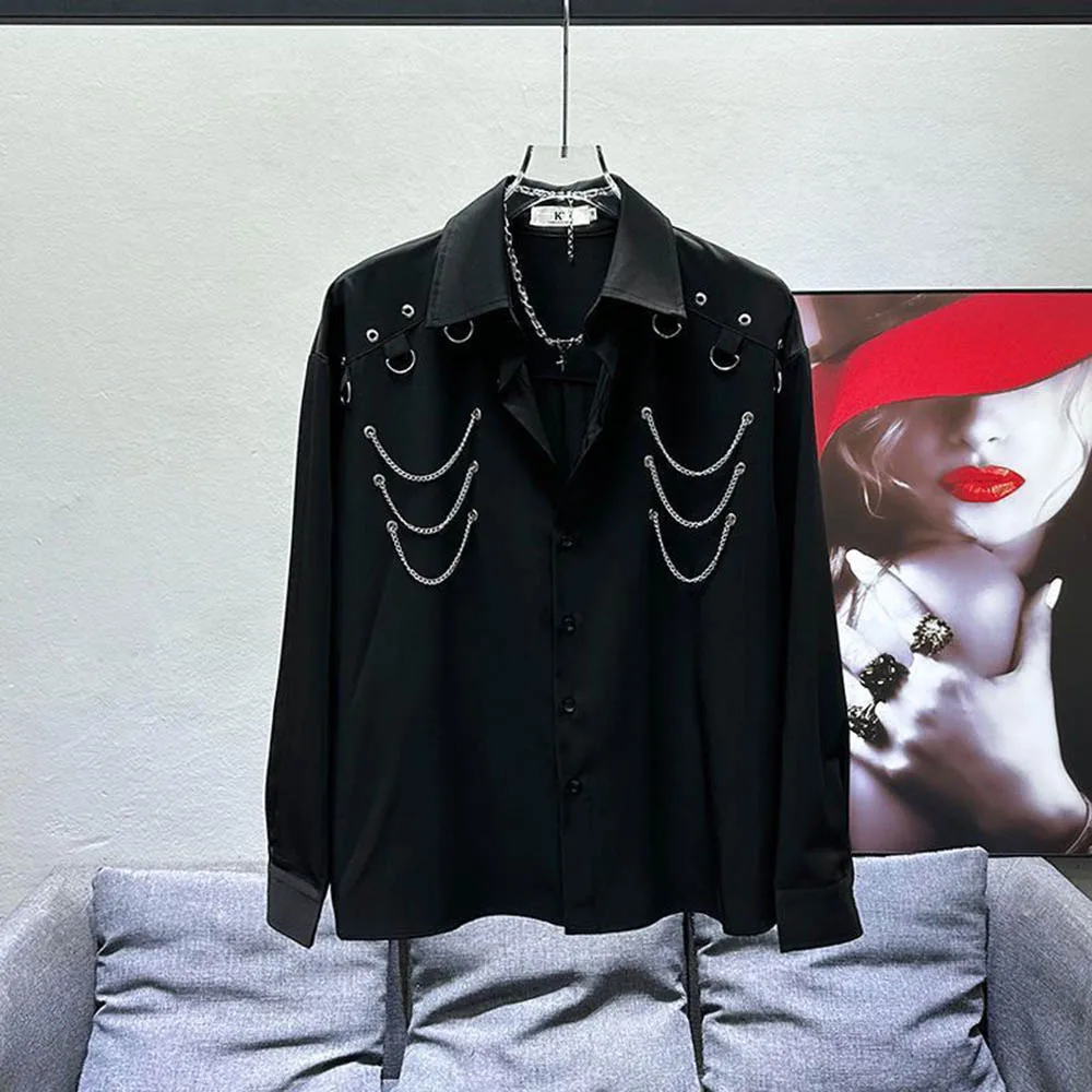 Autumn New Men's Chain Long-Sleeved Shirt American Retro Fashion Trend High Street Loose Casual Breathable Niche Men's Tops 2025
