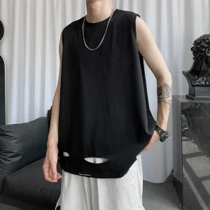 XS-5XL Summer New Men's Solid Color Ripped Vest American Retro Fashion Trendy Street Casual Simple Loose Niche Men's Tops