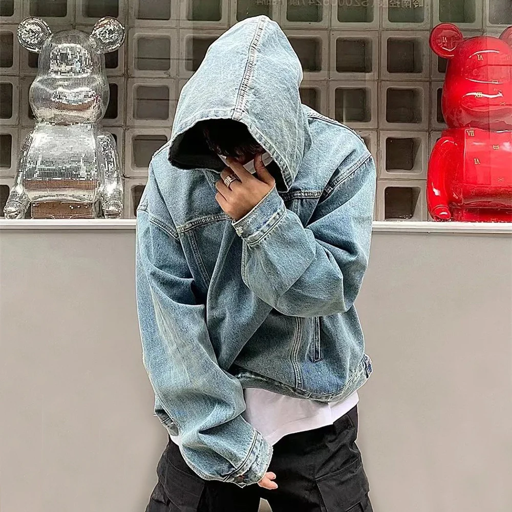 Mens Autumn Fashion Denim Washed Distressed Retro Hoodie Genderless Street Fashion Casual Loose Denim Sweatshirt Unisex - Image 6