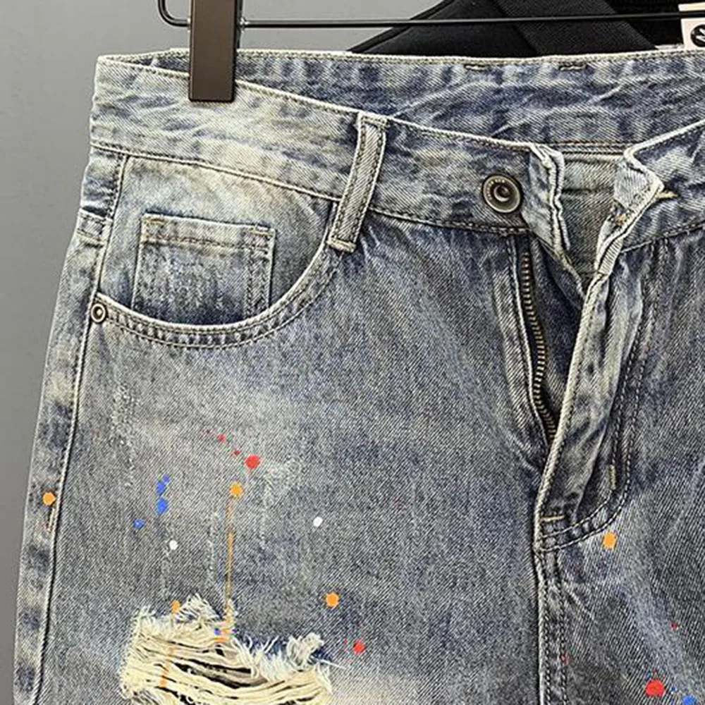 Cat Whiskers Ripped Denim Shorts Men's Personalized Print Splash Ink Summer New Korean Style Slim Fashion Five-Fifth Pant - Image 2