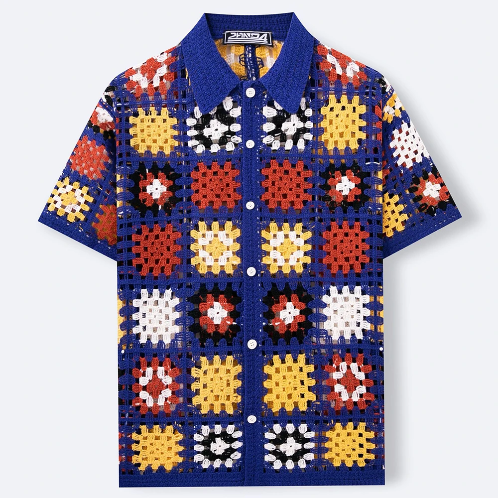 Men's Hollow Knitted Short-Sleeved Shirt American Retro Fashion Trend Casual Loose Breathable Niche Summer New Men's Tops - Image 4