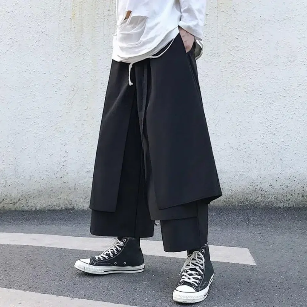 Fake Two-Piece Pants Men Male New Loose Wide-Leg Trousers Casual Straight Streetwear Spring Autumn Hip-Hop Pantalons Capris - Image 5