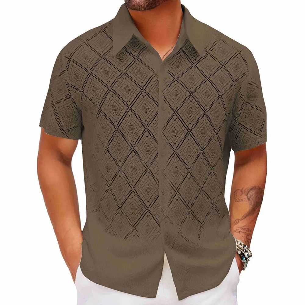 Men's Solid Color Jacquard Hollow Short-Sleeved Shirt American Retro Fashion Trend Loose Breathable Casual Niche Men's Tops - Image 2