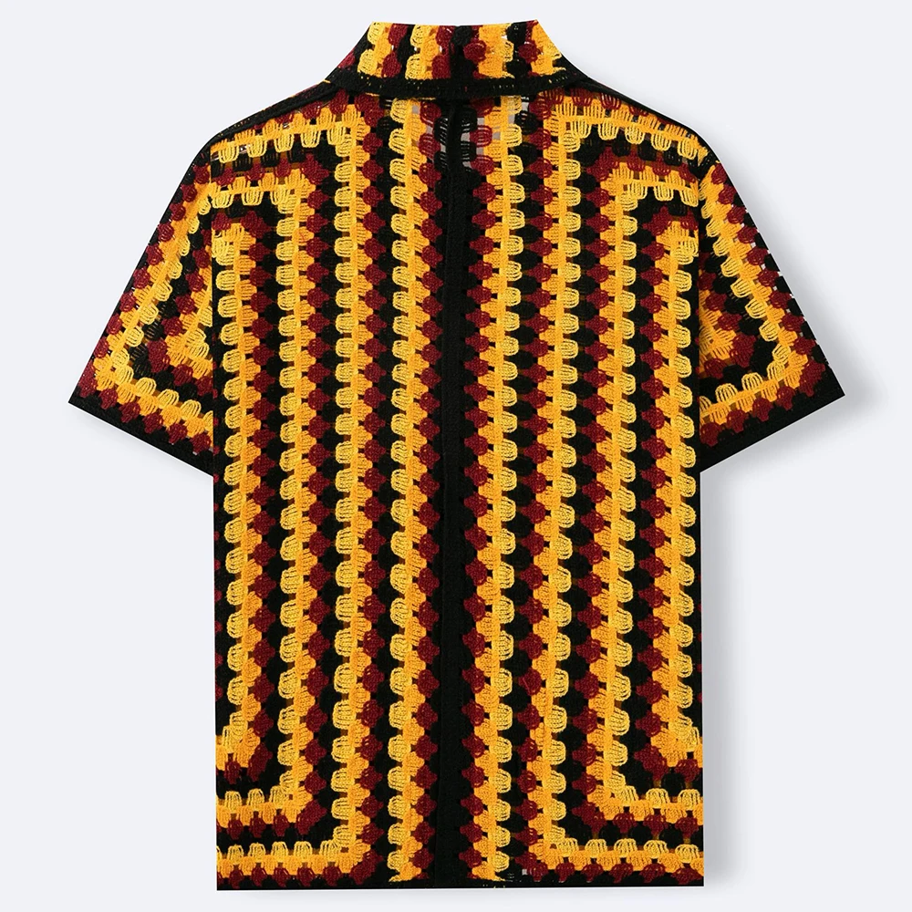 Men's Contrast Striped Hollow Short-Sleeved Shirt American Retro Fashion Trend Loose Casual Breathable Niche Summer Men's Tops - Image 5