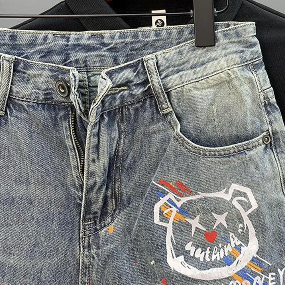 Cat Whiskers Ripped Denim Shorts Men's Personalized Print Splash Ink Summer New Korean Style Slim Fashion Five-Fifth Pant - Image 6