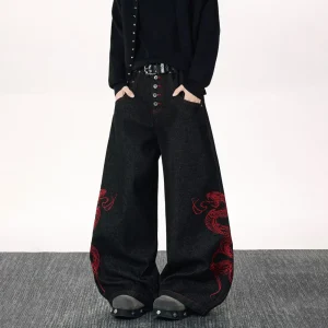 2025 Winter New Men's Embroidered Wide-Leg Jeans Unisex American Retro Fashion Trend High Street Loose Casual Niche Men's Top