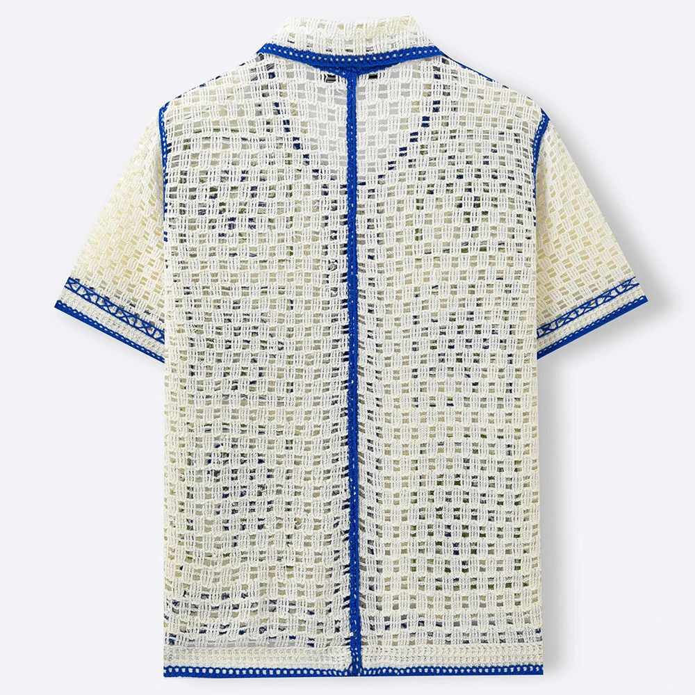 Summer New Men's Color Block Knitted Short-Sleeve Shirt Retro Fashion Trendy Street Loose Casual Breathable Vacation Men's Top - Image 4