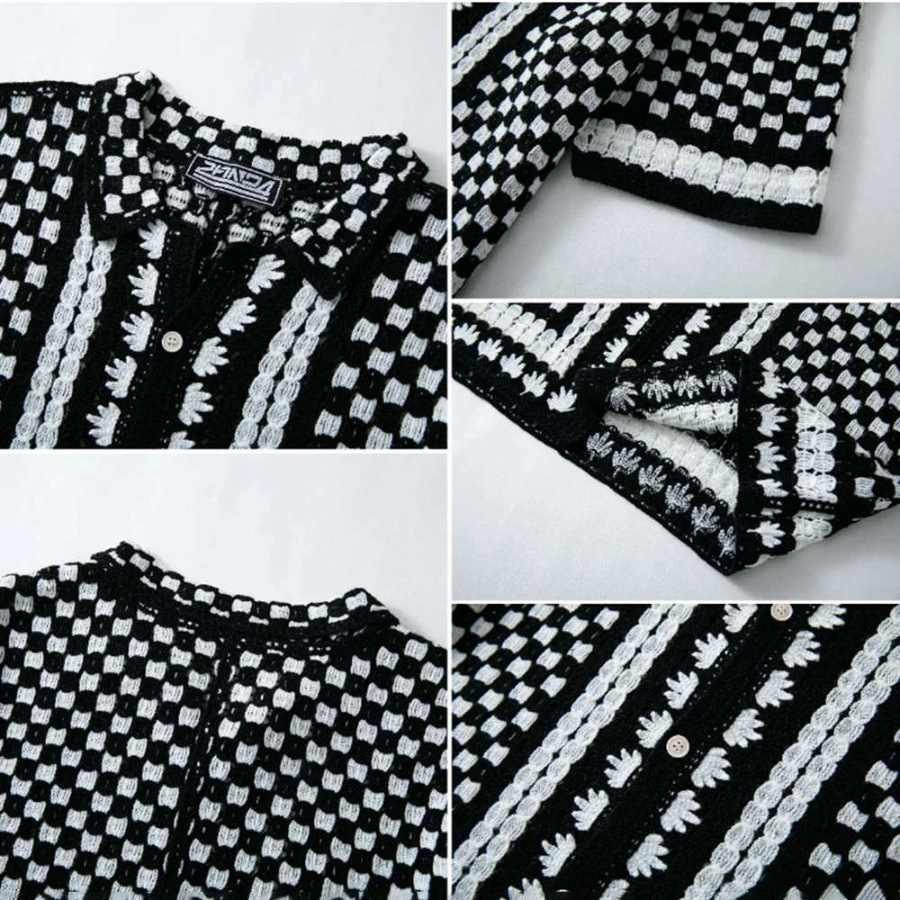 2026 Summer New Men's Jacquard Knit Short-Sleeve Shirt American Retro Fashion Trendy Casual Loose Breathable Niche Men's Top - Image 5
