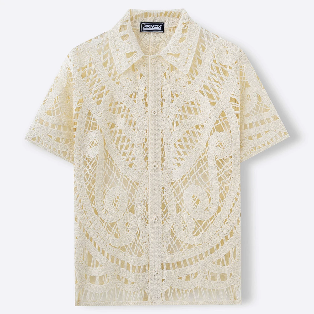 Men's Solid Color Hollow Knitted Short-Sleeved Shirt Retro Fashion Trend Loose Casual Breathable Niche Summer New Men's Tops - Image 4