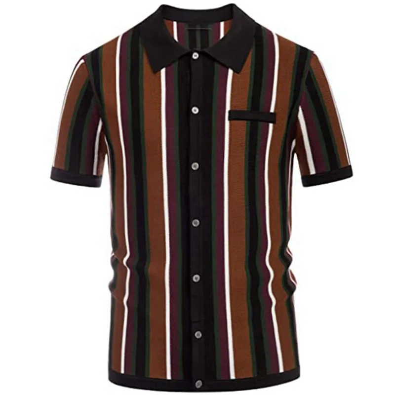 Luxury Shirts Men Social Evening Shirts Summer Shorts Slim Tops 2024 Lapel Button Stripe Fashion Blouse Male Designer Knitted - Image 4