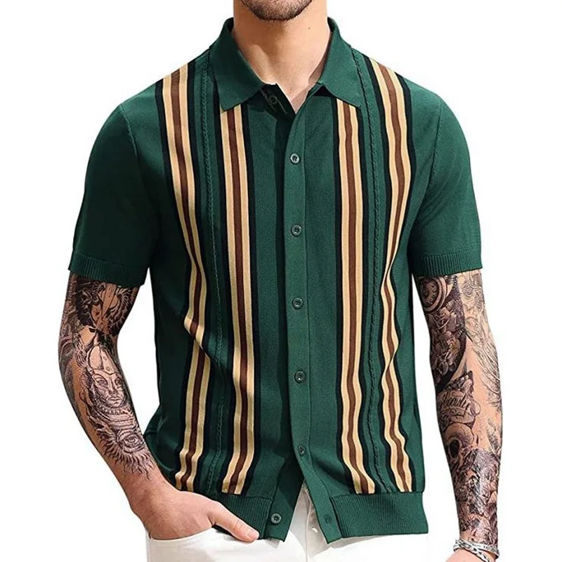 Men Knitwear Short Sleeve Polo Shirt Casual Slim Fit Suit Collar Button Polo Shirt Breathable Summer Top Stripe Green Contrast