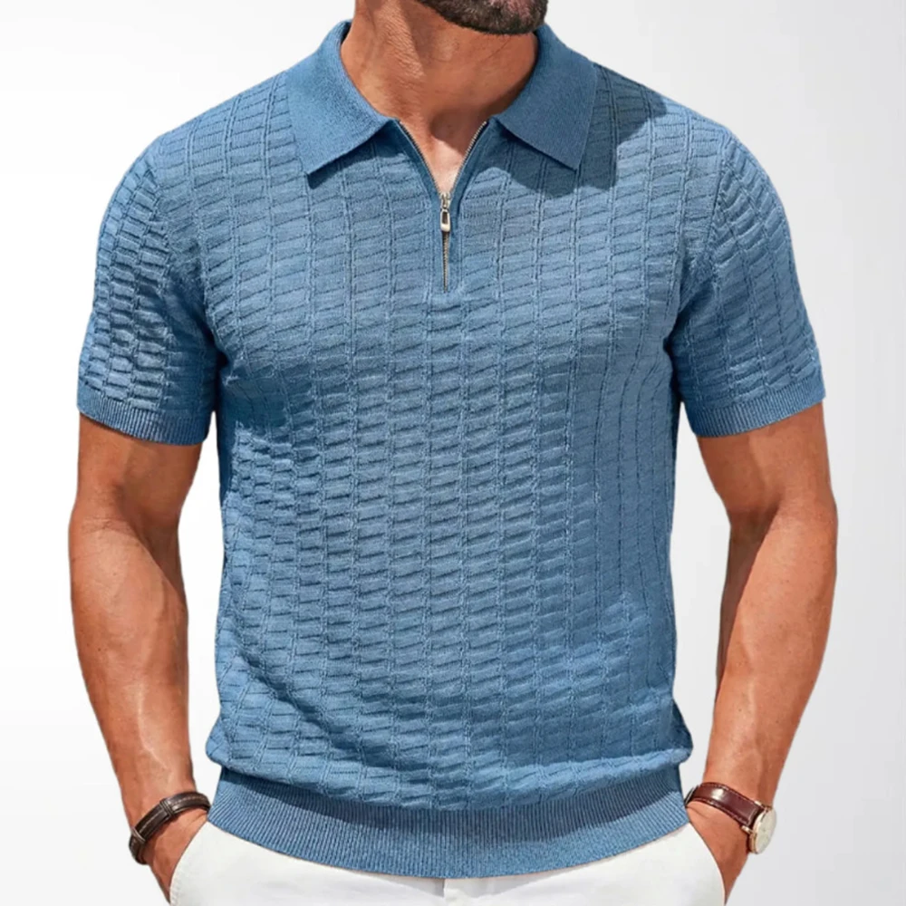 Summer New Men's Solid Color Zipper Short-Sleeve Polo Shirt Retro Fashion Trendy Casual Simple Loose Breathable Men's Top - Image 2