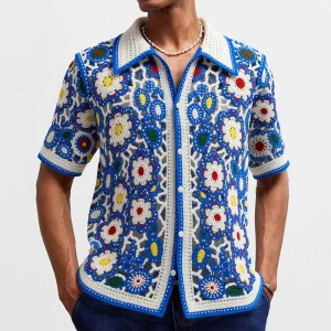 Summer New Men's Color Matching Short-Sleeved Knitted Shirt American Retro Fashion Trend Loose Casual Breathable Men's Tops