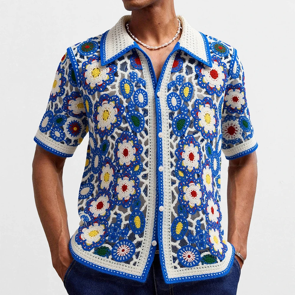 Summer New Men's Color Matching Short-Sleeved Knitted Shirt American Retro Fashion Trend Loose Casual Breathable Men's Tops