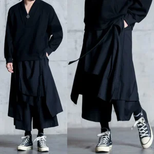 Mens Y2k Culottes Double Layer Samurai Pants Hakama Spring Streetwear Fashion Trend Gothic Casual Pants Men'S Clothing 2025 New