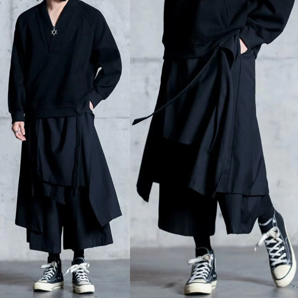 Mens Y2k Culottes Double Layer Samurai Pants Hakama Spring Streetwear Fashion Trend Gothic Casual Pants Men'S Clothing 2025 New