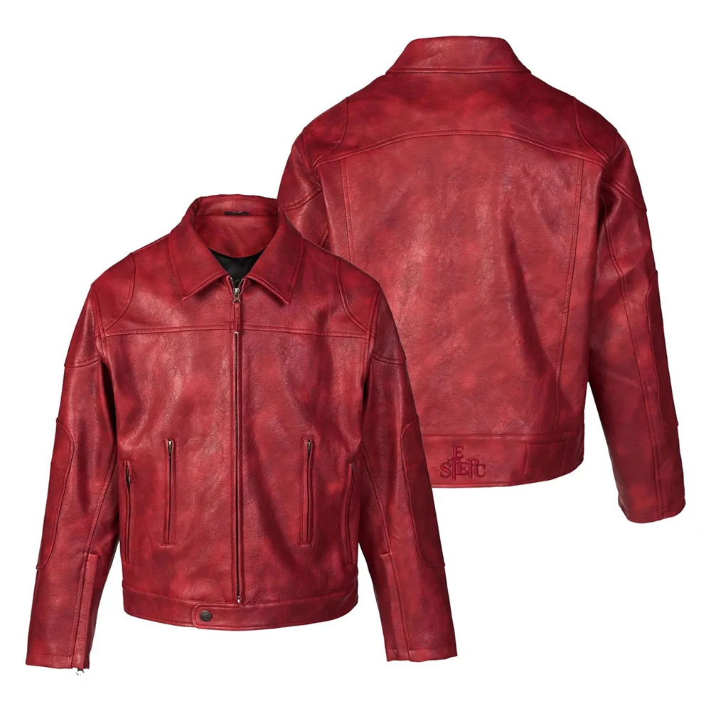 Men's Red Long-Sleeved Pu Leather Jacket American Retro Fashion Trend Street Hip-Hop Loose Casual Niche 2025 Men's New Jacket - Image 7