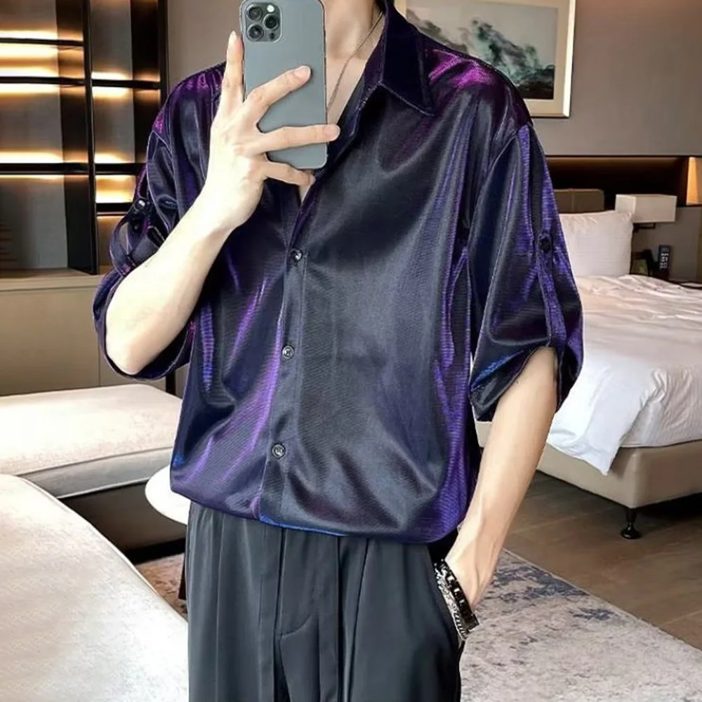 Men Y2k Satin Metallic Shirt Fashion Nightclub Harajuku Youth Personality Performance Clothing Short-Sleeve Tops Men 2024 Summer - Image 2