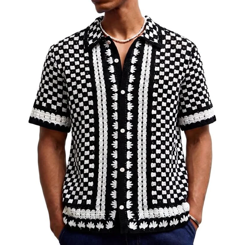 2026 Summer New Men's Jacquard Knit Short-Sleeve Shirt American Retro Fashion Trendy Casual Loose Breathable Niche Men's Top - Image 2