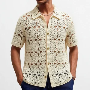 2026 Summer New Men's Hollow-Out Short-Sleeve Shirt American Retro Fashion Trendy Street Style Loose Casual Breathable Men's Top
