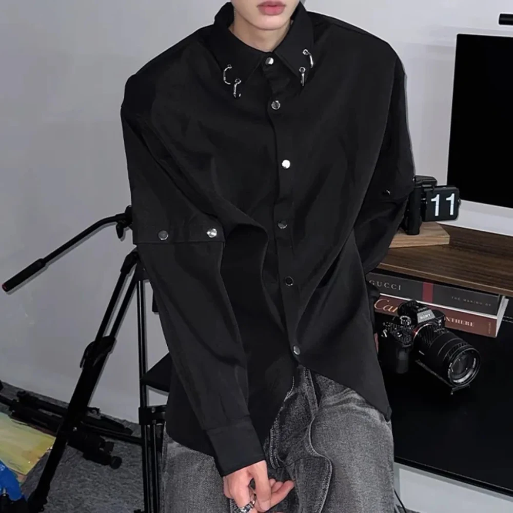 Mens Shirt Y2k Sleeves Stitching Metal Design Jacket Streetwear Niche Personality Casual Long-Sleeve Tops Men'S Clothing 2024