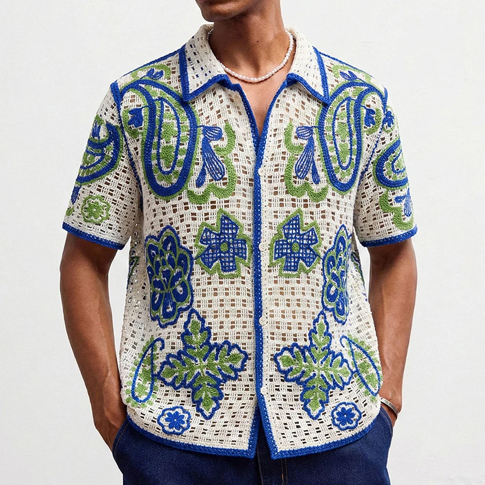 2026 Summer New Men's Knitted Short-Sleeve Shirt American Retro Fashion Trendy Casual Simple Loose Breathable Niche Men's Top