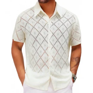 Men's Solid Color Jacquard Hollow Short-Sleeved Shirt American Retro Fashion Trend Loose Breathable Casual Niche Men's Tops