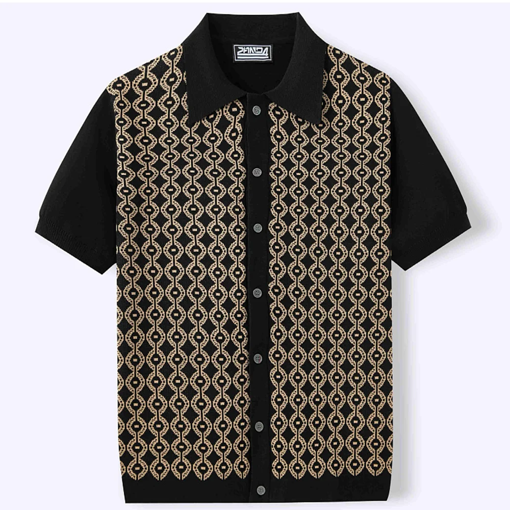 Summer New Men's Short-Sleeved Jacquard Cardigan Knitted Shirt Retro Fashion Trend Casual Loose Breathable Niche Men's Tops - Image 8