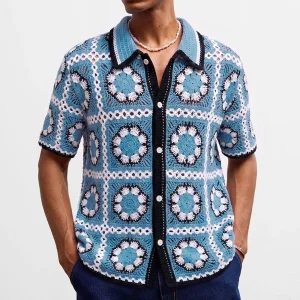 2026 Summer New Men's Knitted Short-Sleeve Shirt Retro Fashion Trendy Street Style Loose Casual Niche Breathable Men's Top