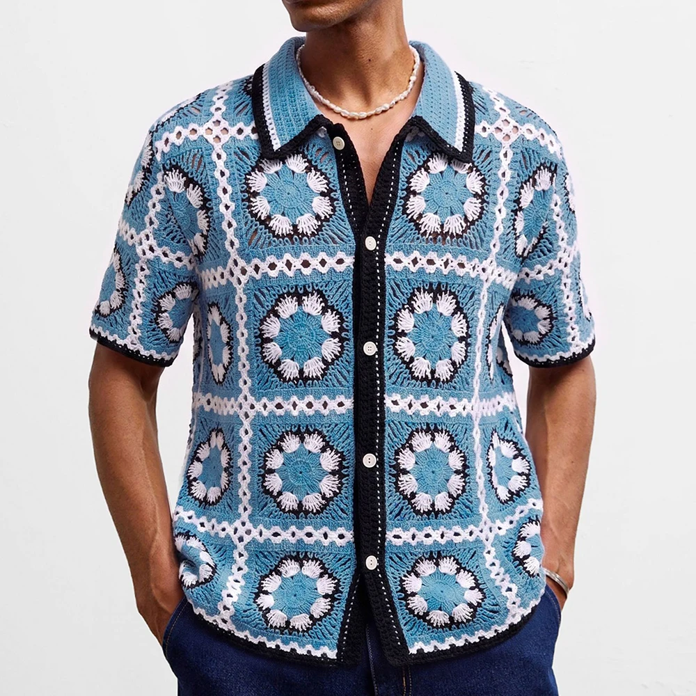 2026 Summer New Men's Knitted Short-Sleeve Shirt Retro Fashion Trendy Street Style Loose Casual Niche Breathable Men's Top