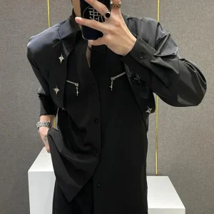Mens Y2k Shirt Metallic Ribbon Casual Spring Street Fashion Nightclub Stage Outdoor Versatile Niche Top Men'S Clothing 2026 New