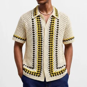 Summer New Men's Striped Hollow-Out Short-Sleeve Shirt American Retro Fashion Trendy Casual Simple Loose Breathable Men's Top