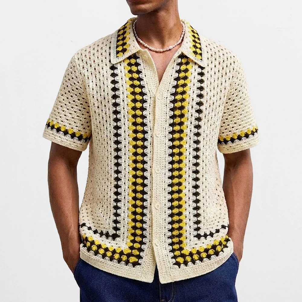 Summer New Men's Striped Hollow-Out Short-Sleeve Shirt American Retro Fashion Trendy Casual Simple Loose Breathable Men's Top