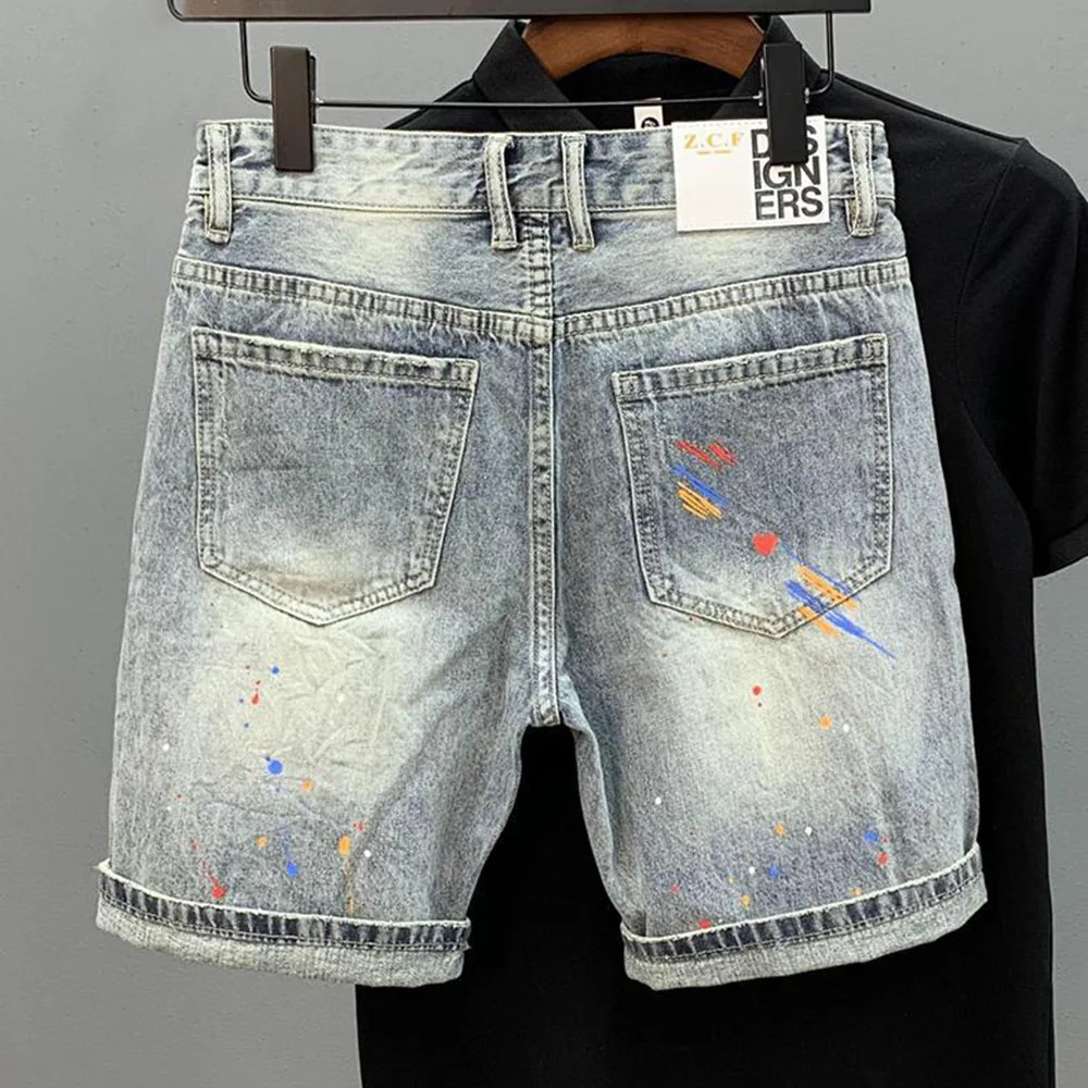 Cat Whiskers Ripped Denim Shorts Men's Personalized Print Splash Ink Summer New Korean Style Slim Fashion Five-Fifth Pant - Image 3