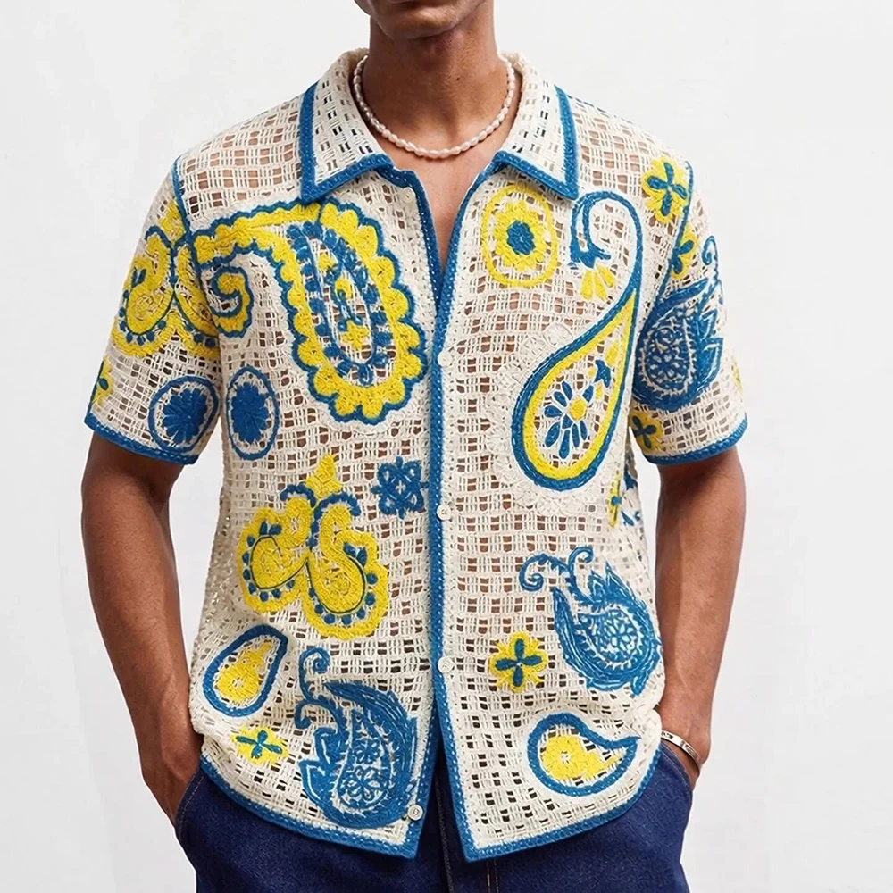 2026 Summer New Men's Jacquard Short-Sleeve Shirt American Retro Fashion Trendy Street Style Loose Casual Breathable Men's Top - Image 2