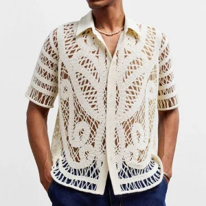 Men's Solid Color Hollow Knitted Short-Sleeved Shirt Retro Fashion Trend Loose Casual Breathable Niche Summer New Men's Tops