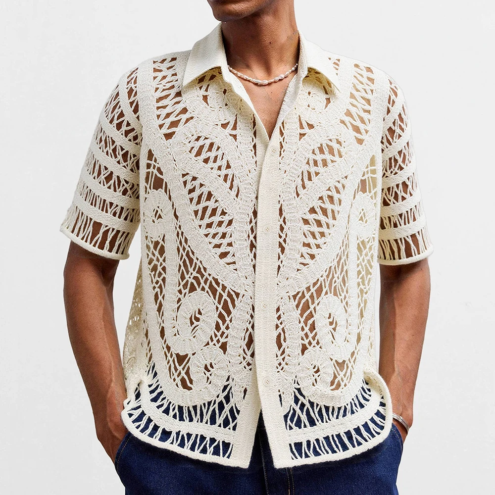 Men's Solid Color Hollow Knitted Short-Sleeved Shirt Retro Fashion Trend Loose Casual Breathable Niche Summer New Men's Tops