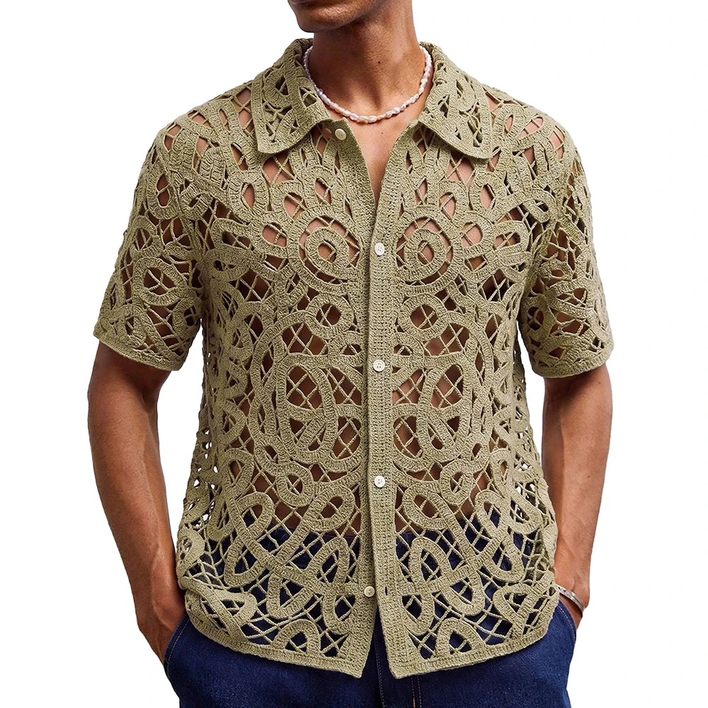 2026 Summer New Men's Solid Color Hollow-Out Short-Sleeve Shirt Retro Fashion Trendy Street Casual Loose Breathable Men's Top - Image 2