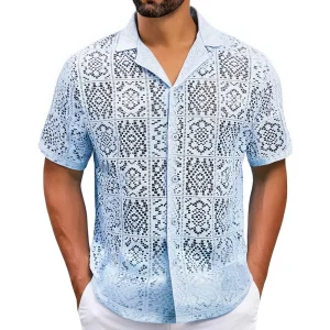 Summer New Men's Knitted Lace Hollow Short-Sleeved Shirt American Retro Fashion Trend Loose Casual Breathable Niche Men's Tops