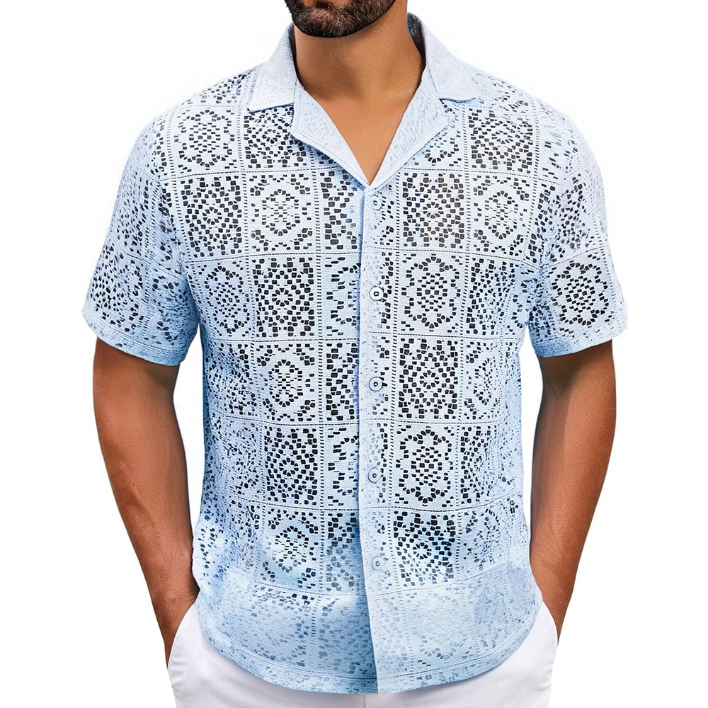 Summer New Men's Knitted Lace Hollow Short-Sleeved Shirt American Retro Fashion Trend Loose Casual Breathable Niche Men's Tops