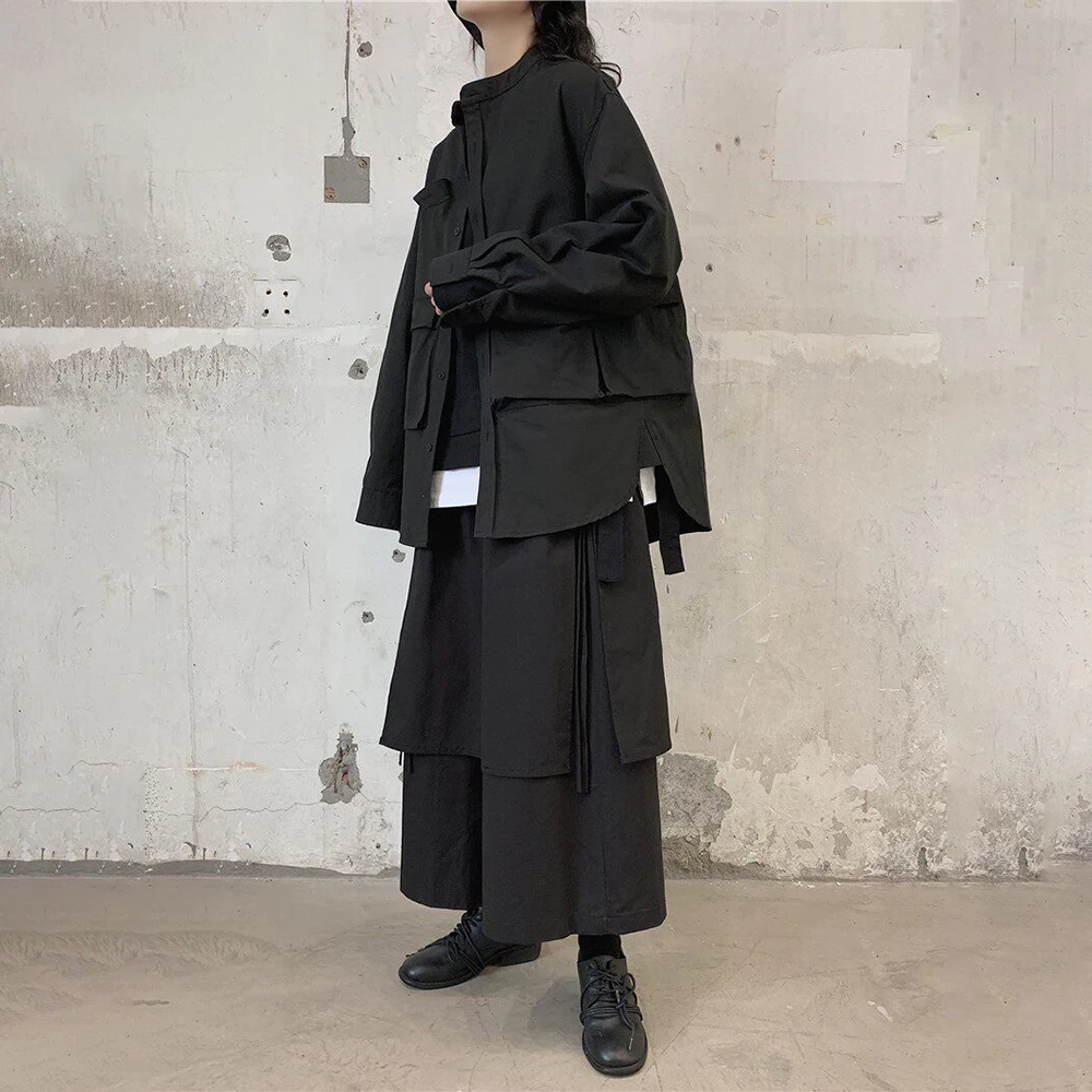Y2K layered side-hem Japanese samurai culottes skirts genderless summer fashion outdoor trend versatile youth unisex - Image 3