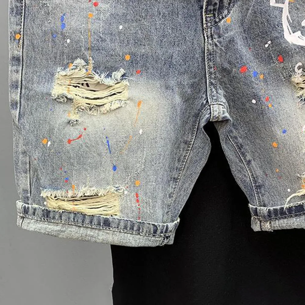 Cat Whiskers Ripped Denim Shorts Men's Personalized Print Splash Ink Summer New Korean Style Slim Fashion Five-Fifth Pant - Image 4