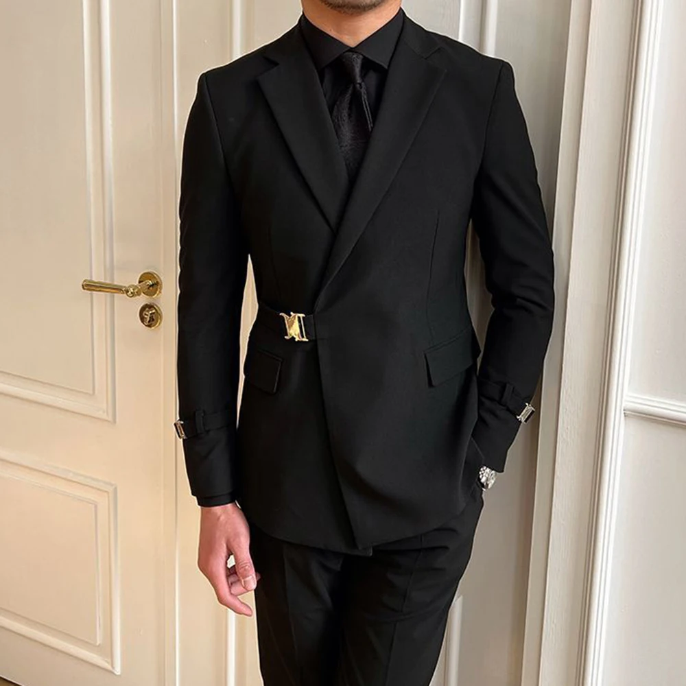 British Style Black Suit Jacket Male Elegant Gentleman Business Casual Professional Formal Dress Body Belt A Double Breasted - Image 2