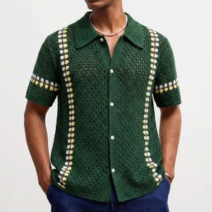 Summer New Men's Hollow-Out Knit Short-Sleeve Shir American Retro Fashion Trendy Street Loose Casual Breathable Men's Tops