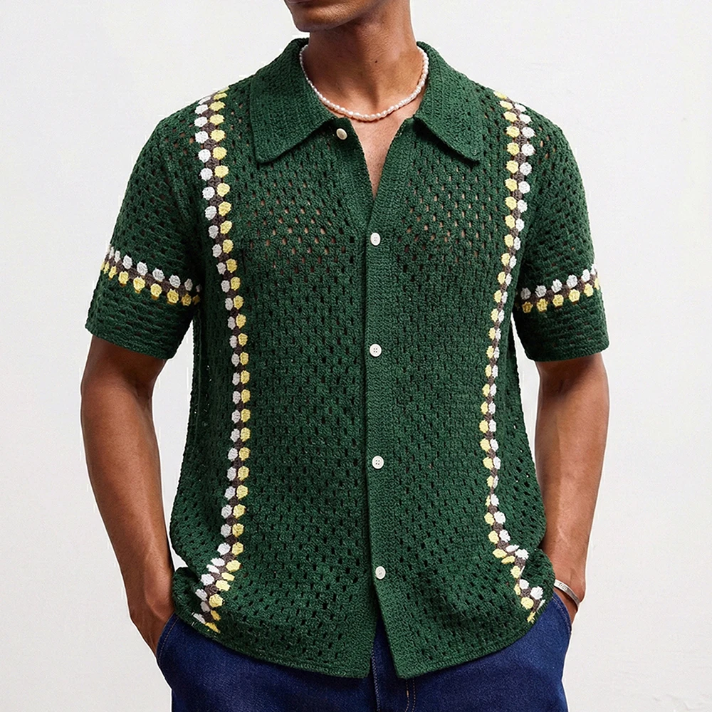 Summer New Men's Hollow-Out Knit Short-Sleeve Shir American Retro Fashion Trendy Street Loose Casual Breathable Men's Tops